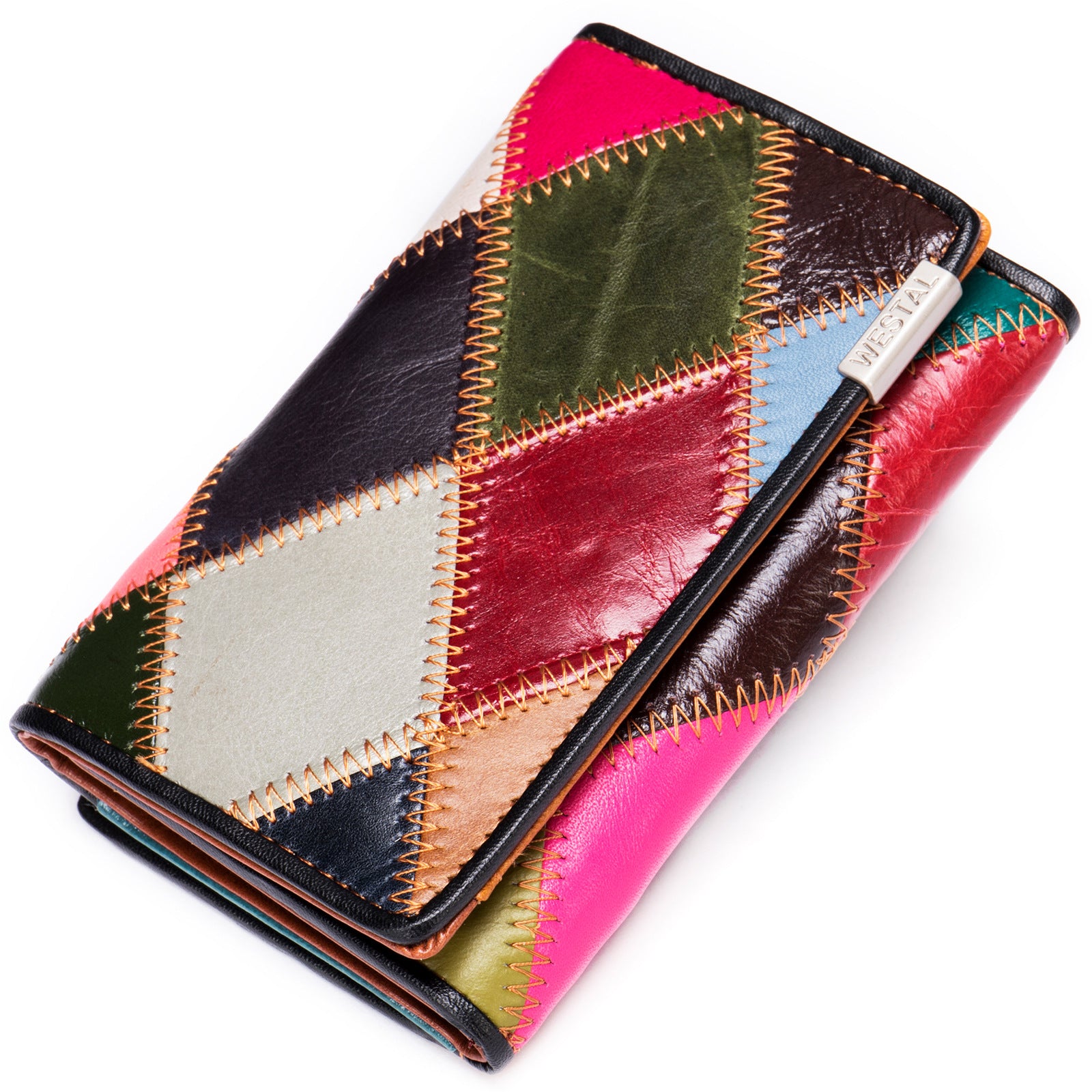 WESTAL 517 Color Splicing Women Purse Top Layer Cowhide Leather Tri-fold Wallet Kiss Lock Coin Purse WESTAL 517 Color Splicing Women Purse Top Layer Cowhide Leather Tri-fold Wallet Kiss Lock Coin Purse